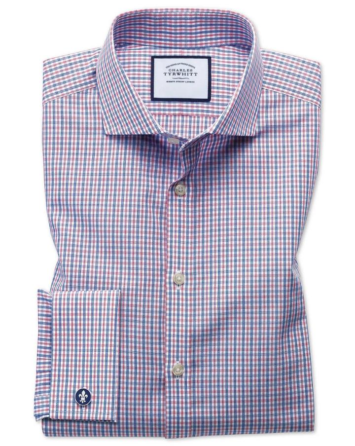 Charles Tyrwhitt Extra Slim Fit Non-iron Poplin Blue And Red Cotton Dress Shirt French Cuff Size 14.5/32 By Charles Tyrwhitt