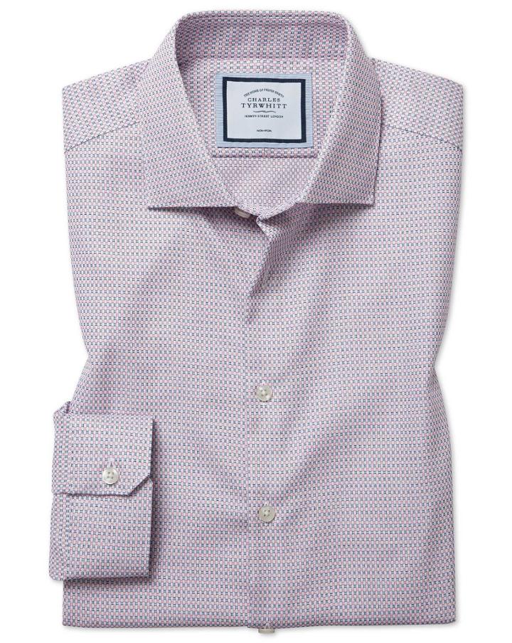  Super Slim Fit Non-iron Natural Stretch Textures Pink And Navy Cotton Dress Shirt Single Cuff Size 14.5/32 By Charles Tyrwhitt