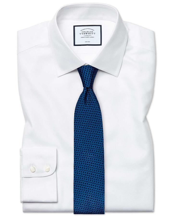  Classic Fit Non-iron Buckingham Weave White Cotton Dress Shirt French Cuff Size 15/33 By Charles Tyrwhitt