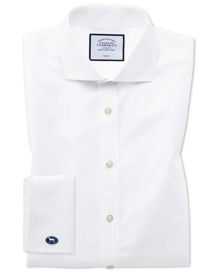  Slim Fit White Non-iron Poplin Spread Collar Cotton Dress Shirt Single Cuff Size 15/33 By Charles Tyrwhitt