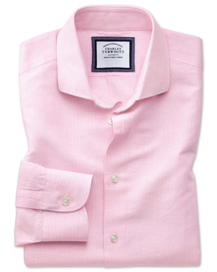  Slim Fit Spread Collar Business Casual Linen Cotton Pink And White Cotton Linen Mix Dress Shirt Single Cuff Size 16/36 By Charles Tyrwhitt