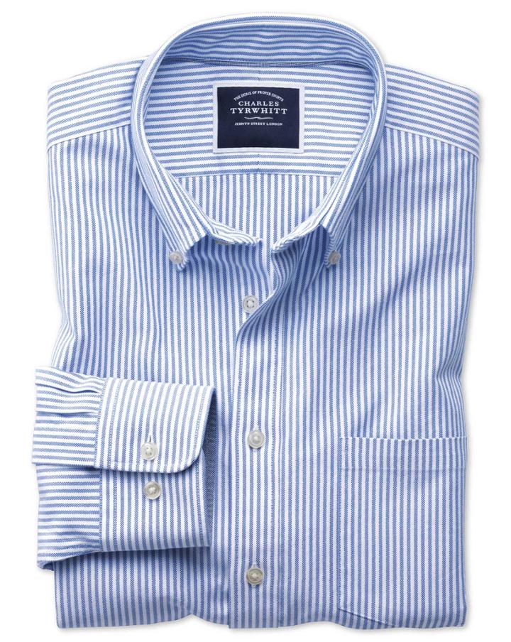 Charles Tyrwhitt Classic Fit Button-down Washed Oxford White And Blue Stripe Cotton Casual Shirt Single Cuff Size Medium By Charles Tyrwhitt