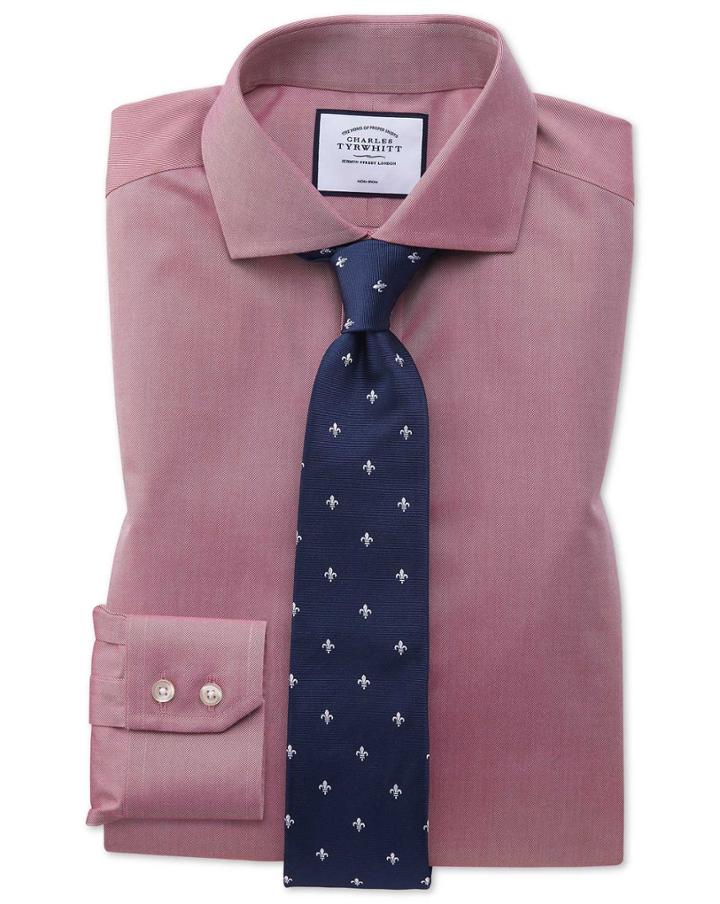  Slim Fit Non-iron Spread Collar Red Twill Cotton Dress Shirt French Cuff Size 15/33 By Charles Tyrwhitt