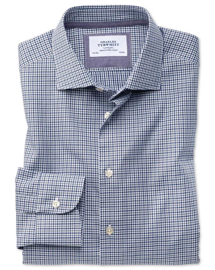 Charles Tyrwhitt Classic Fit Semi-spread Collar Business Casual Gingham Navy And Grey Cotton Dress Shirt Single Cuff Size 15.5/33 By Charles Tyrwhitt
