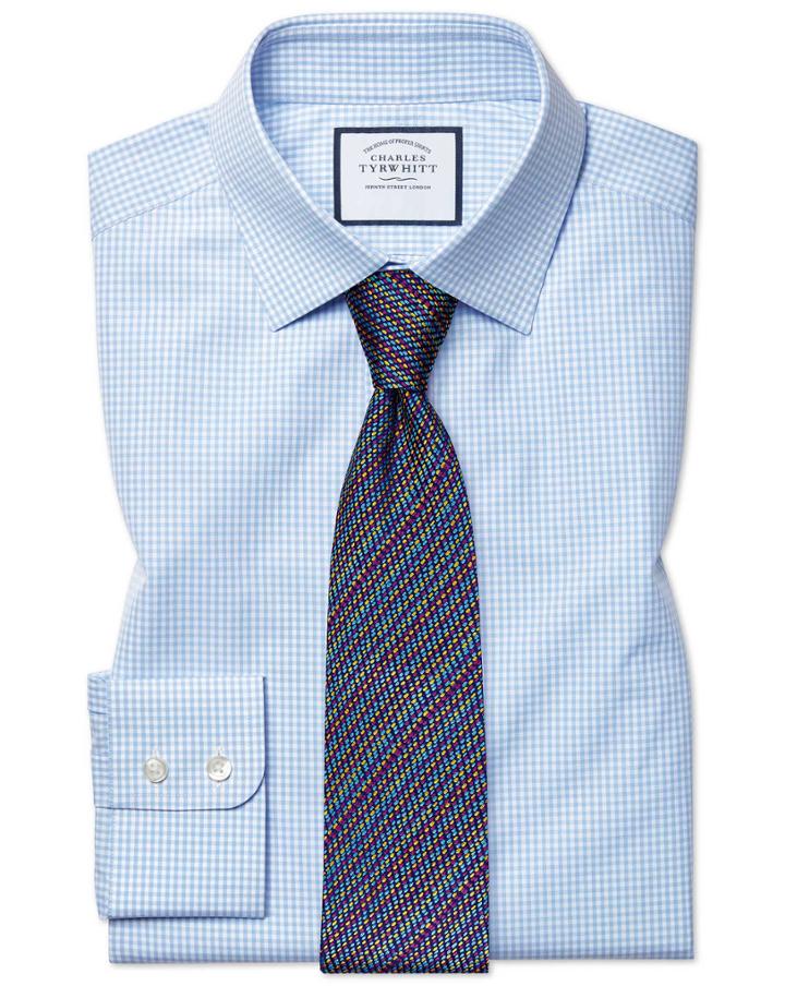  Slim Fit Sky Blue Small Gingham Cotton Dress Shirt Single Cuff Size 14.5/32 By Charles Tyrwhitt