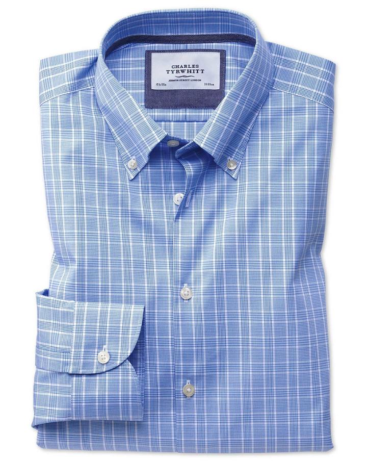 Charles Tyrwhitt Extra Slim Fit Button-down Business Casual Non-iron Prince Of Wales Light Blue Cotton Dress Casual Shirt Single Cuff Size 14.5/32 By Charles Tyrwhitt