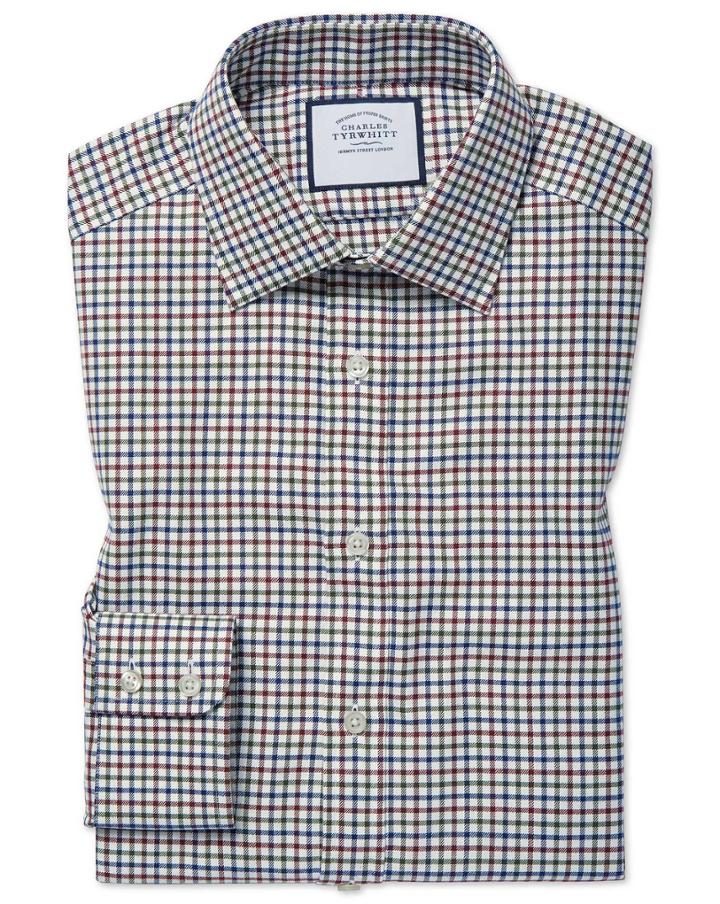  Slim Fit Country Check Navy And Berry Cotton Dress Shirt Single Cuff Size 15/33 By Charles Tyrwhitt