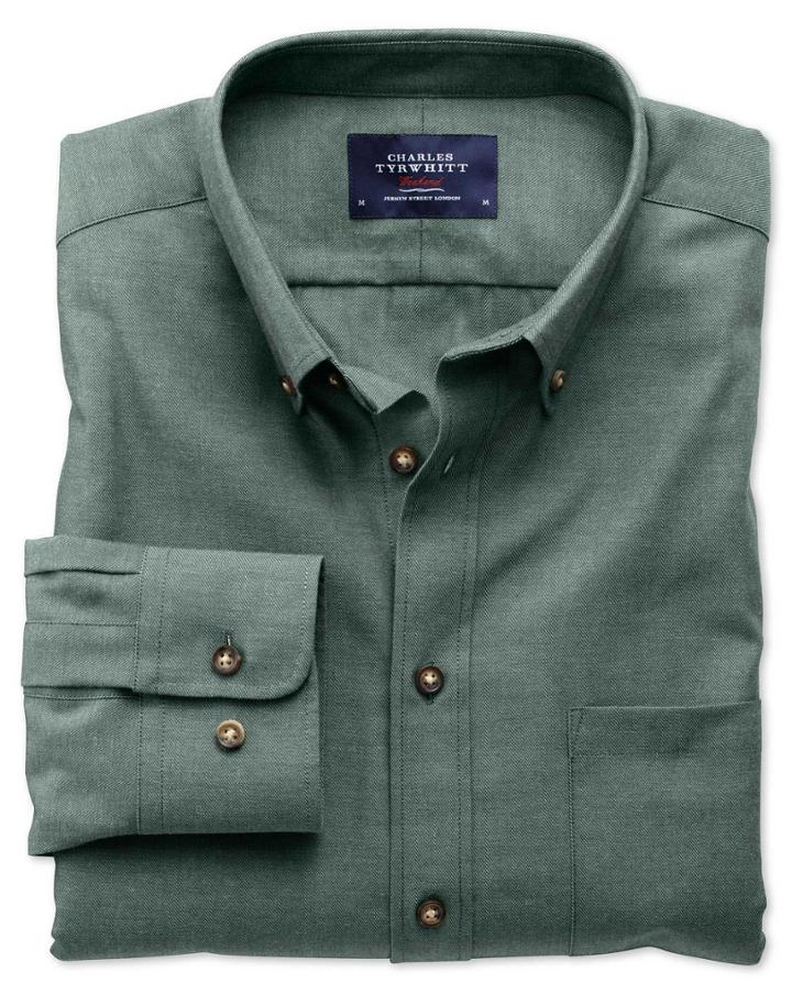 Charles Tyrwhitt Charles Tyrwhitt Slim Fit Non-iron Twill Forest Green Cotton Dress Shirt Size Xs