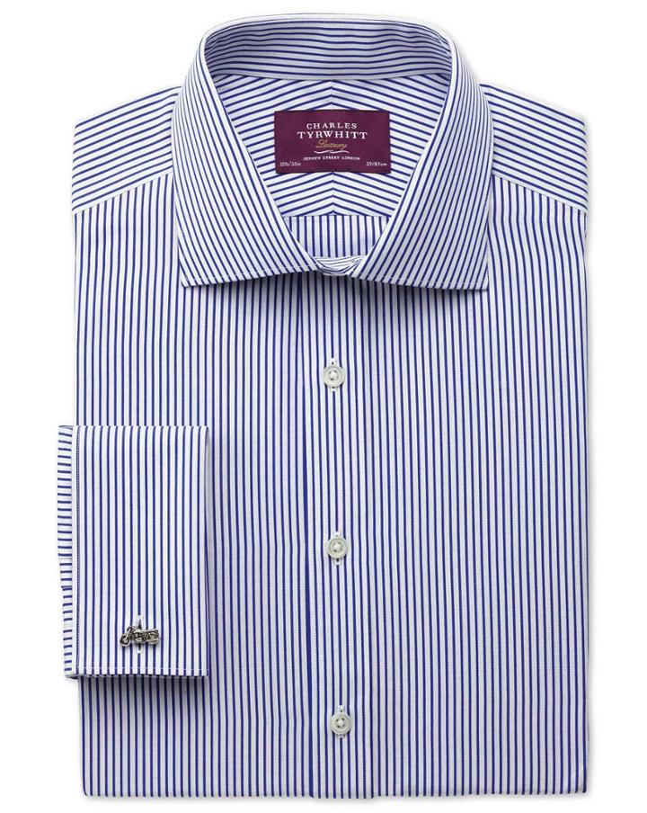 Charles Tyrwhitt Slim Fit Semi-spread Collar Luxury Poplin Stripe Blue Cotton Dress Casual Shirt French Cuff Size 14.5/33 By Charles Tyrwhitt