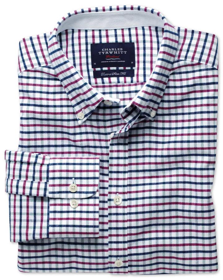 Charles Tyrwhitt Charles Tyrwhitt Extra Slim Fit Navy And Berry Tattersall Washed Oxford Cotton Dress Shirt Size Large