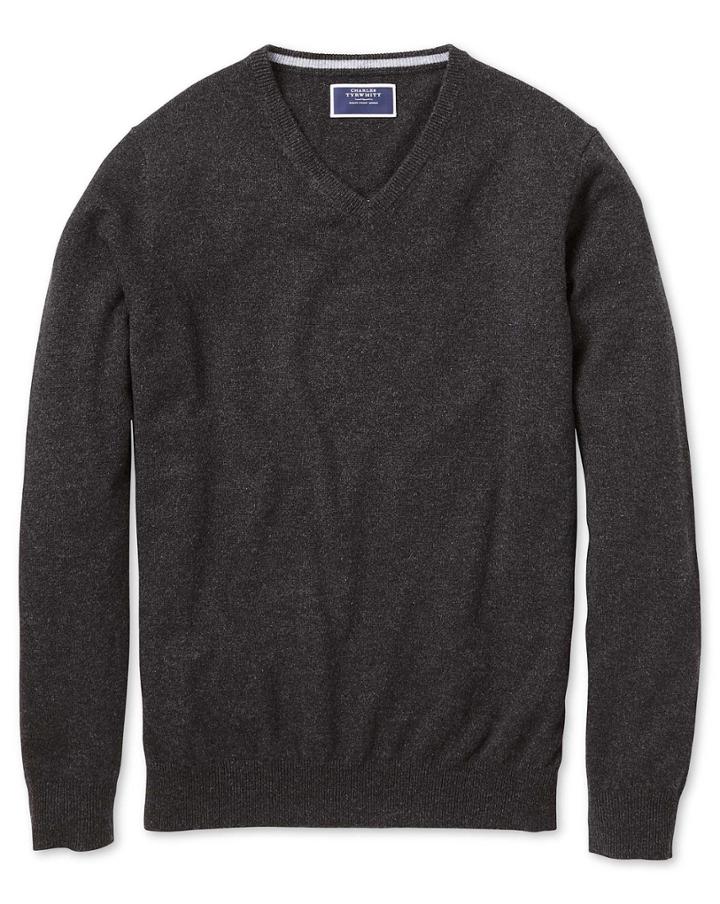 Charcoal V-neck Cashmere Sweater Size Large By Charles Tyrwhitt