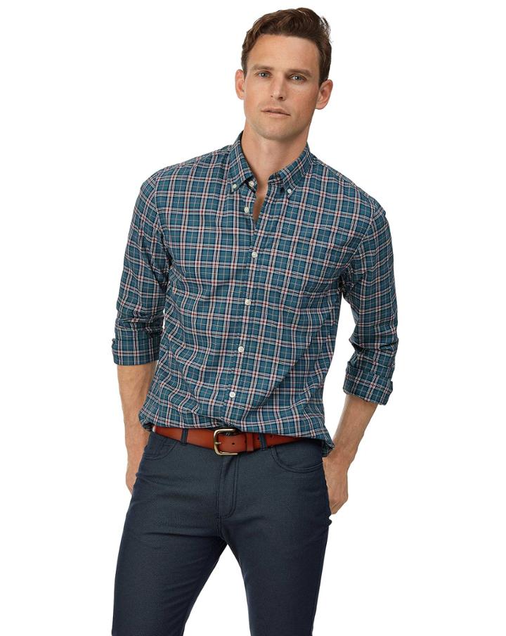  Extra Slim Fit Teal Check Soft Washed Stretch Poplin Cotton Casual Shirt Single Cuff Size Medium By Charles Tyrwhitt