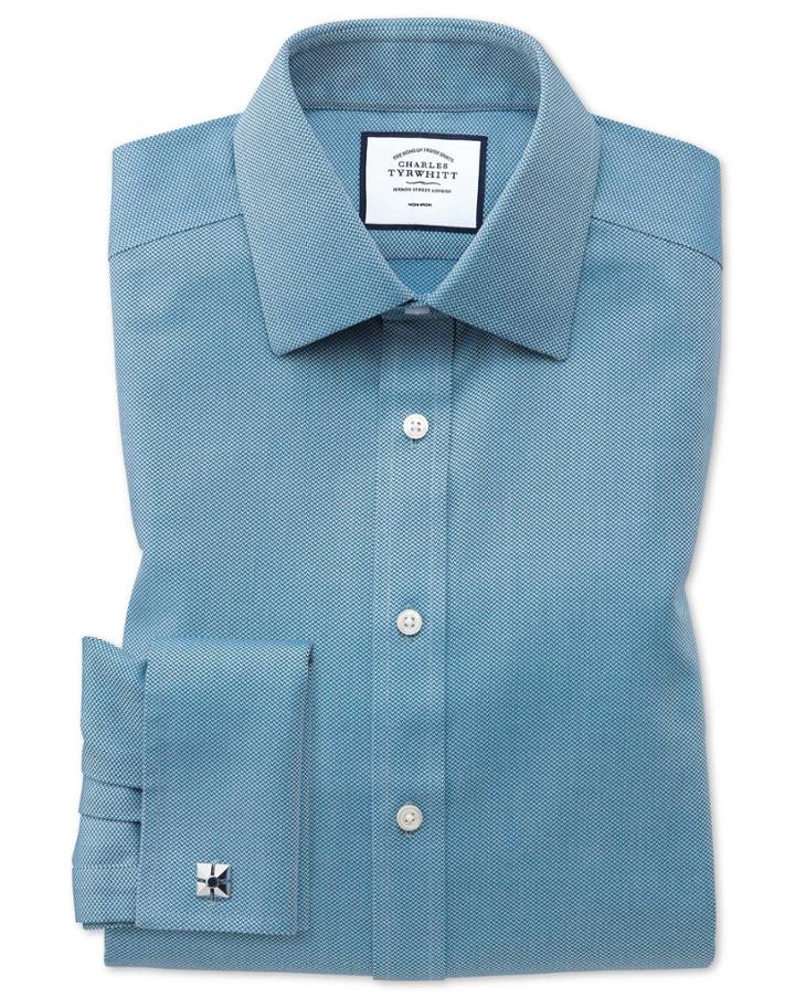  Slim Fit Non-iron Teal Arrow Weave Cotton Dress Shirt Single Cuff Size 14.5/32 By Charles Tyrwhitt