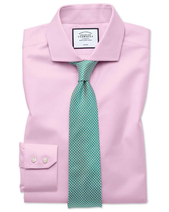  Slim Fit Pink Non-iron Twill Spread Collar Cotton Dress Shirt French Cuff Size 14.5/33 By Charles Tyrwhitt
