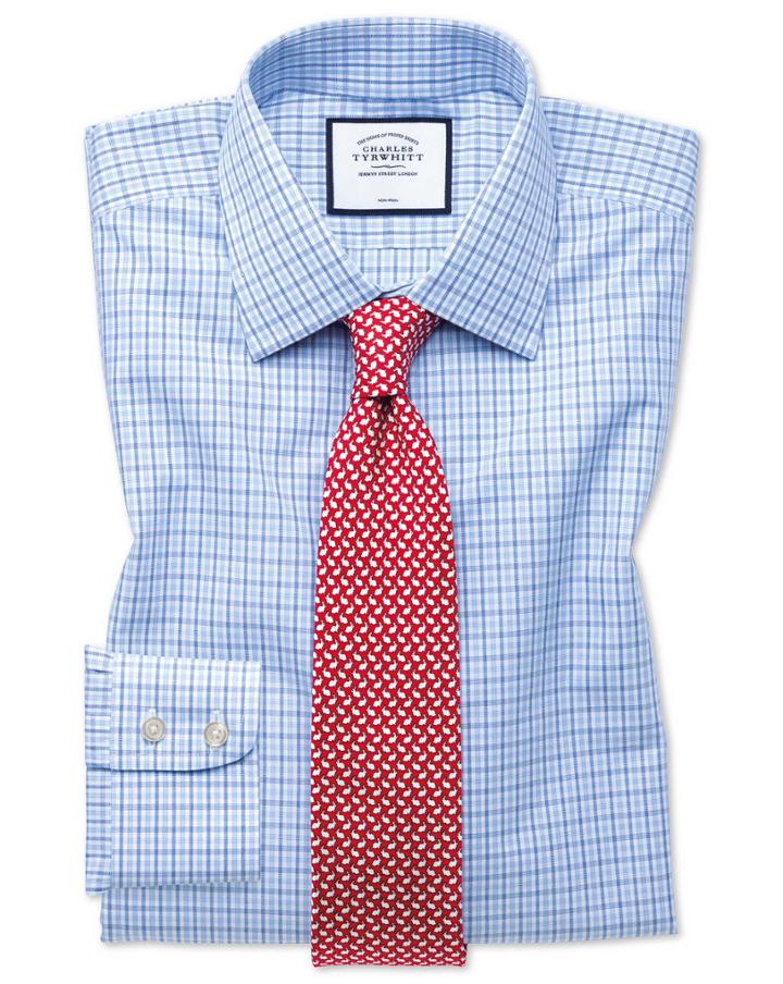  Classic Fit Non-iron Blue And Sky Blue Check Cotton Dress Shirt French Cuff Size 15/33 By Charles Tyrwhitt