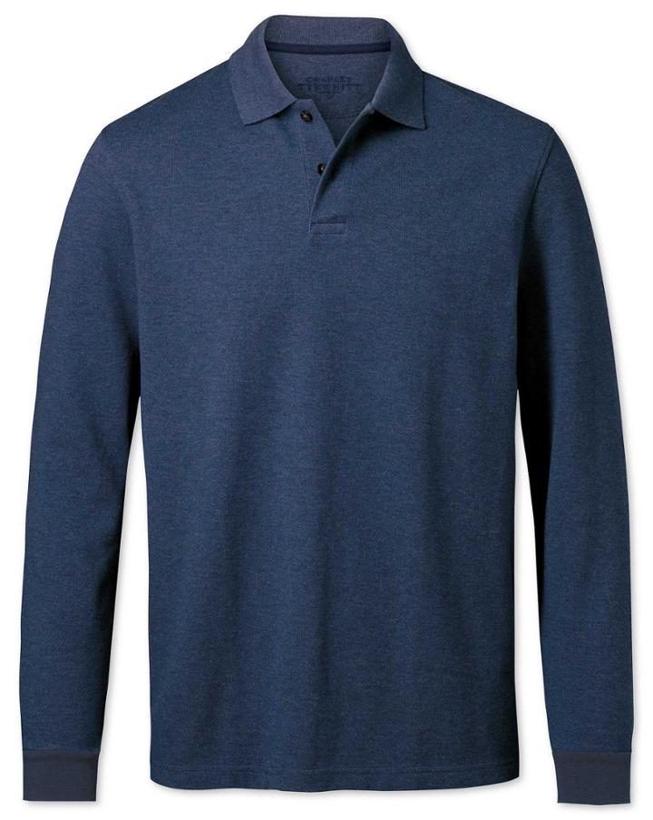  Indigo Melange Pique Long Sleeve Cotton Polo Size Xl By Charles Tyrwhitt