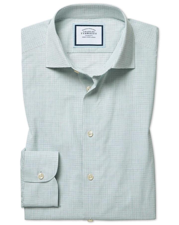  Extra Slim Fit Peached Egyptian Cotton Green And Blue Check Dress Shirt Single Cuff Size 14.5/32 By Charles Tyrwhitt