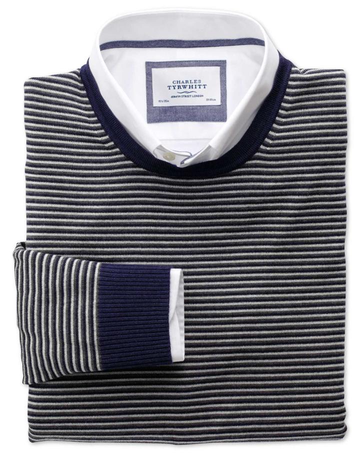 Charles Tyrwhitt Charles Tyrwhitt Grey And Charcoal Stripe Merino Wool Crew Neck Jumper Size Xs