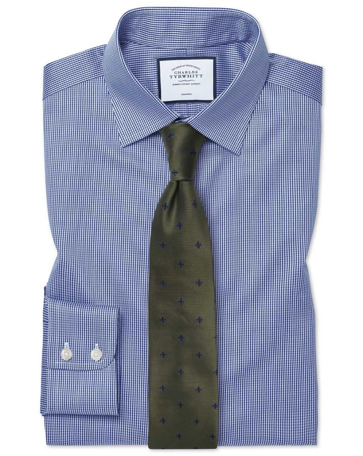  Classic Fit Non-iron Royal Blue Puppytooth Cotton Dress Shirt Single Cuff Size 15/34 By Charles Tyrwhitt