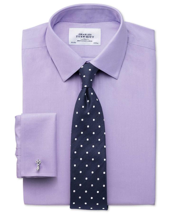  Extra Slim Fit Non-iron Twill Lilac Cotton Dress Shirt Single Cuff Size 15/33 By Charles Tyrwhitt
