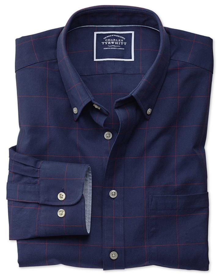  Slim Fit Navy And Red Check Washed Oxford Cotton Casual Shirt Single Cuff Size Large By Charles Tyrwhitt