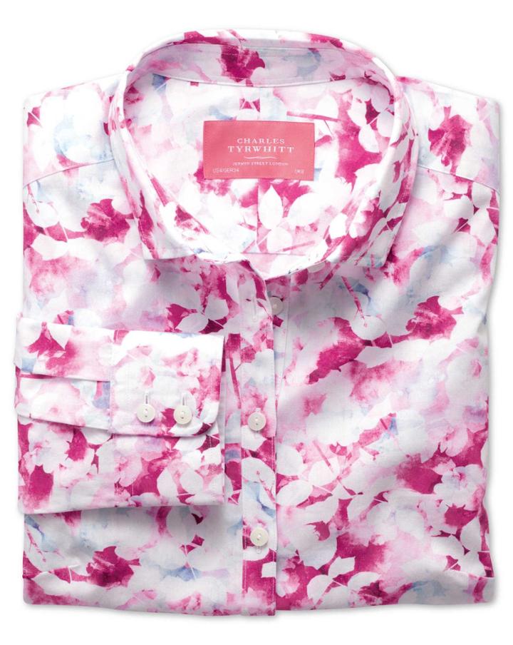 Charles Tyrwhitt Women's Semi-fitted Cotton Poplin Pink Multi Watercolor Casual Shirt Size 4 By Charles Tyrwhitt