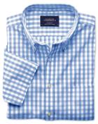 Charles Tyrwhitt Charles Tyrwhitt Classic Fit Non-iron Poplin Short Sleeve Sky Blue Check Cotton Dress Shirt Size Large
