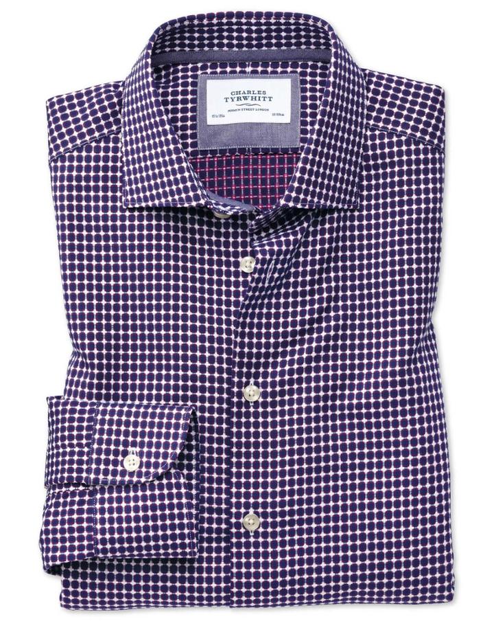 Charles Tyrwhitt Classic Fit Semi-spread Collar Business Casual Non-iron Modern Textures Blue And Pink Cotton Dress Casual Shirt Single Cuff Size 15.5/33 By Charles Tyrwhitt
