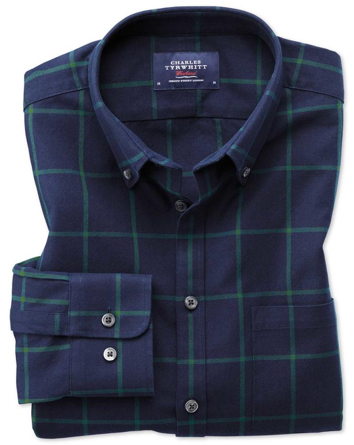 Charles Tyrwhitt Extra Slim Fit Button-down Washed Oxford Navy Blue And Green Check Cotton Casual Shirt Single Cuff Size Large By Charles Tyrwhitt