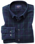 Charles Tyrwhitt Extra Slim Fit Button-down Washed Oxford Navy Blue And Green Check Cotton Casual Shirt Single Cuff Size Large By Charles Tyrwhitt