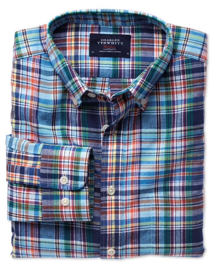 Charles Tyrwhitt Charles Tyrwhitt Classic Fit Blue And Orange Check Cotton Linen Cotton/linen Dress Shirt Size Xxl