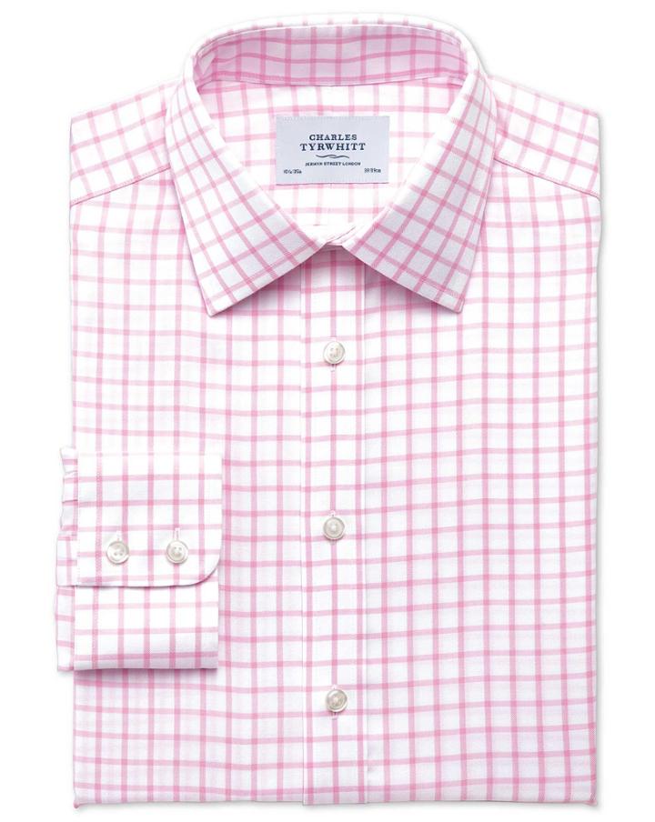 Charles Tyrwhitt Charles Tyrwhitt Slim Fit Non-iron Twill Grid Check Light Pink Cotton Dress Shirt Size 14.5/32