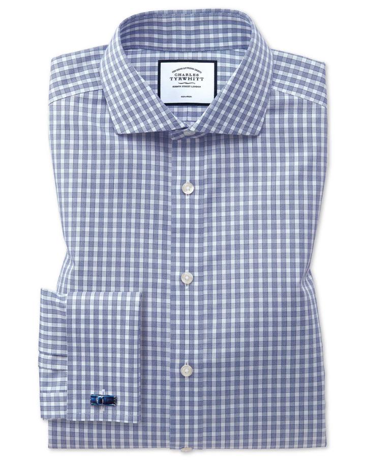  Extra Slim Fit Non-iron Twill Gingham Blue Cotton Dress Shirt Single Cuff Size 14.5/32 By Charles Tyrwhitt