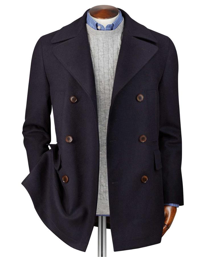  Navy Italian Wool Cashmere Pea Wool/cashmere Coat Size 44 By Charles Tyrwhitt