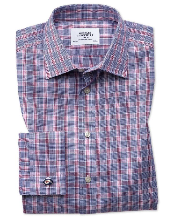 Charles Tyrwhitt Slim Fit Non-iron Prince Of Wales Berry And Navy Blue Cotton Dress Casual Shirt Single Cuff Size 14.5/33 By Charles Tyrwhitt