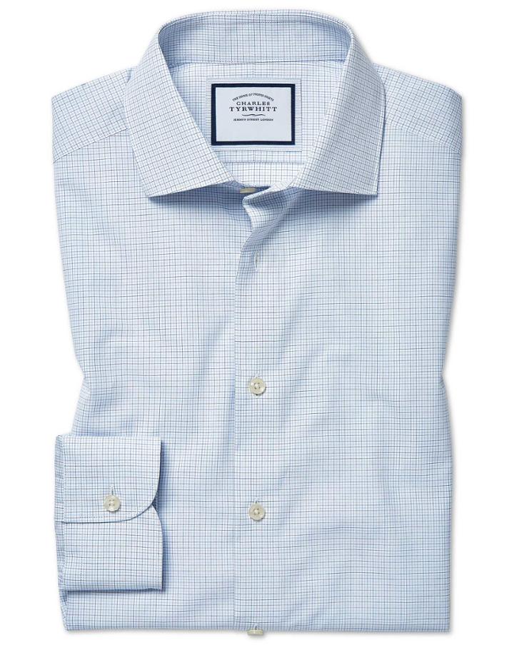  Classic Fit Peached Egyptian Cotton Blue Check Dress Shirt Single Cuff Size 15/33 By Charles Tyrwhitt