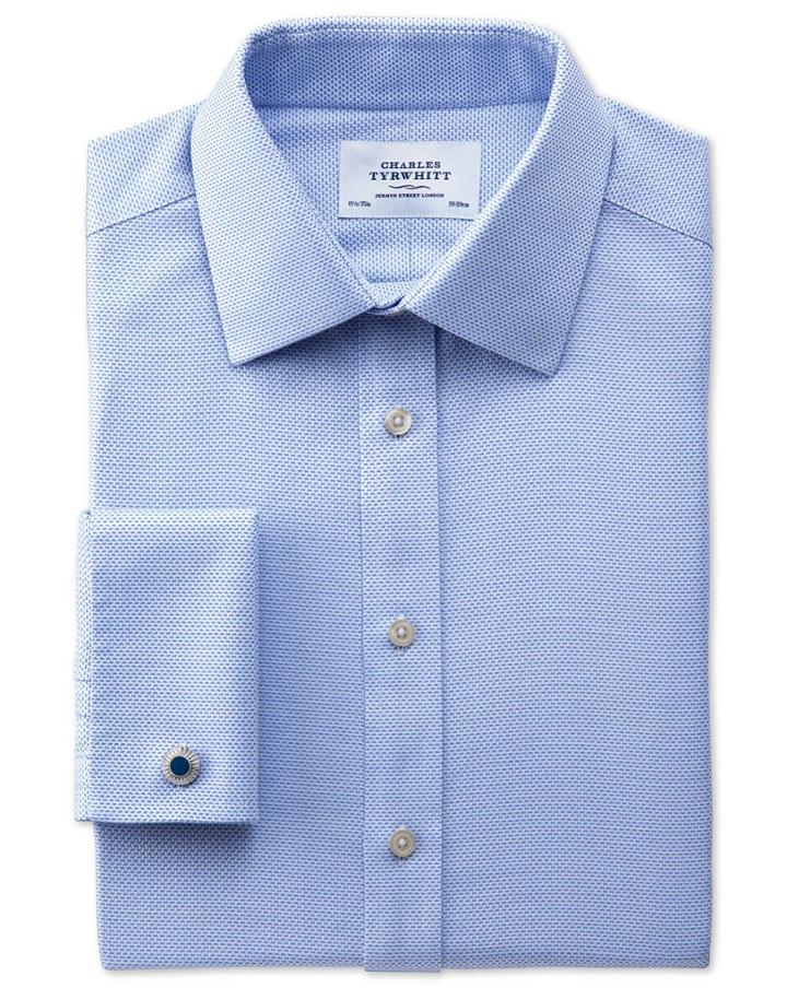 Charles Tyrwhitt Classic Fit Non-iron Textured Herringbone Blue Cotton Dress Shirt Single Cuff Size 16/38 By Charles Tyrwhitt