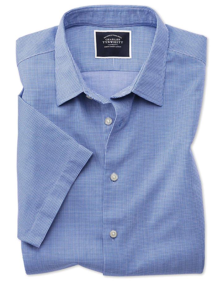  Classic Fit Royal Blue Micro Check Short Sleeve Soft Texture Cotton Casual Shirt Single Cuff Size Xl By Charles Tyrwhitt