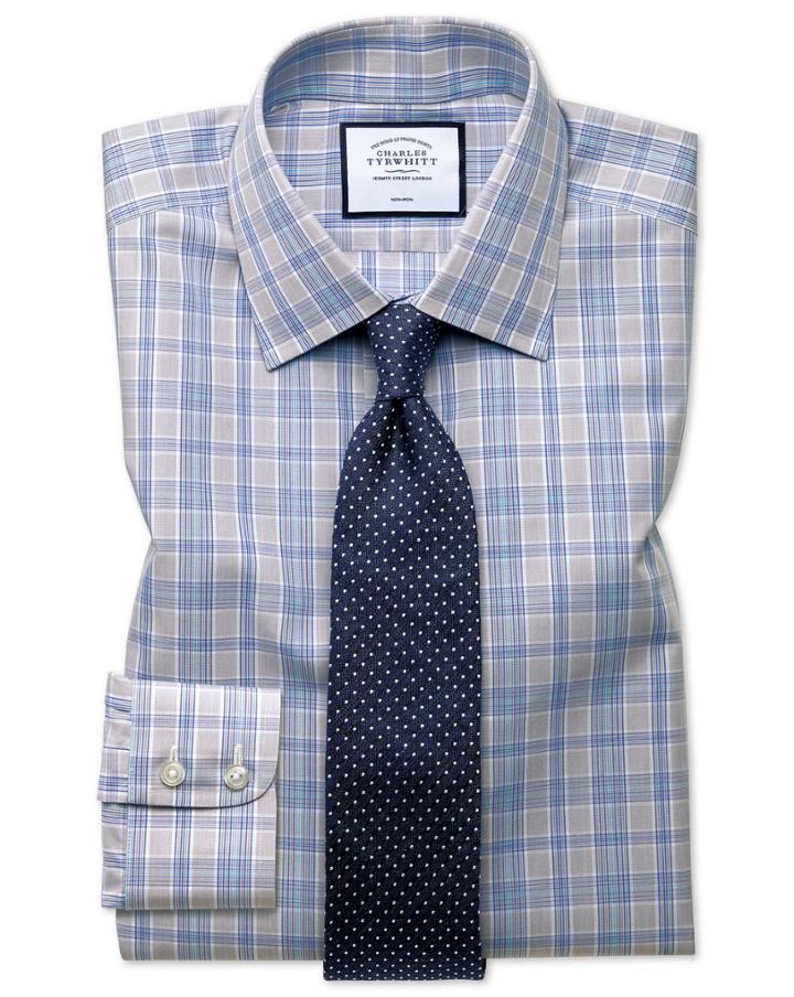  Slim Fit Non-iron Prince Of Wales Grey And Aqua Cotton Dress Shirt French Cuff Size 14.5/33 By Charles Tyrwhitt