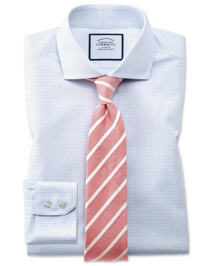  Super Slim Fit Spread Collar Non-iron Natural Cool Micro Check Blue Cotton Dress Shirt Single Cuff Size 14/33 By Charles Tyrwhitt