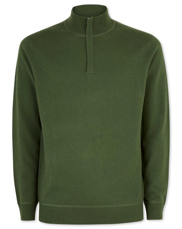  Dark Green Merino Cashmere Zip Neck Cotton/cashmere Sweater Size Large By Charles Tyrwhitt