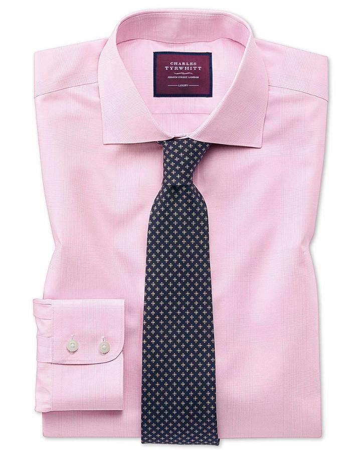  Slim Fit Luxury Non-iron Prince Of Wales Check Pink Cotton Dress Shirt Single Cuff Size 14.5/33 By Charles Tyrwhitt