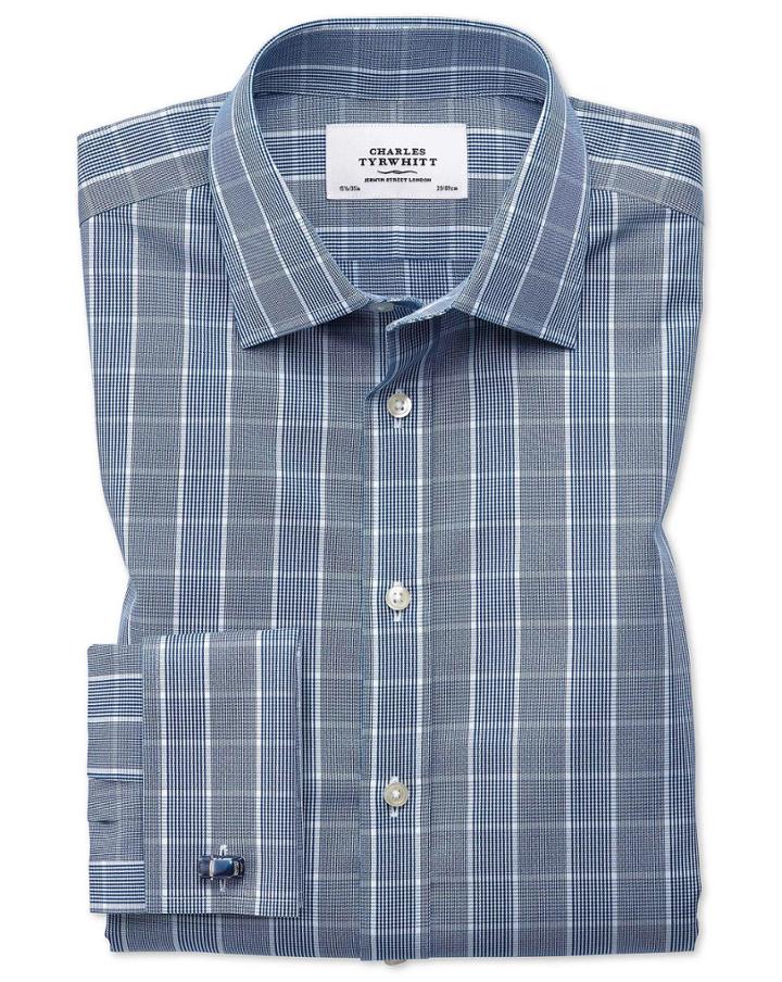 Charles Tyrwhitt Slim Fit Non-iron Prince Of Wales Navy Blue And White Cotton Dress Casual Shirt French Cuff Size 14.5/33 By Charles Tyrwhitt