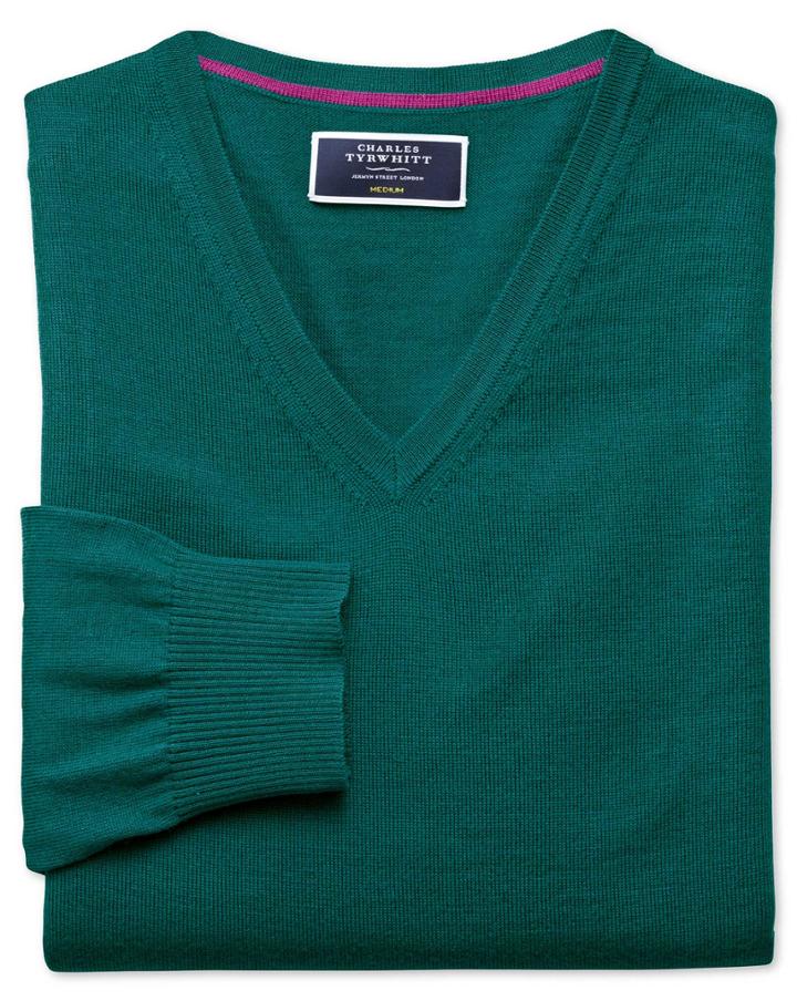 Charles Tyrwhitt Teal Merino Wool V-neck Sweater Size Medium By Charles Tyrwhitt