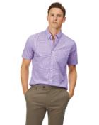  Slim Fit Lilac Short Sleeve Gingham Soft Washed Non-iron Stretch Poplin Cotton Casual Shirt Single Cuff Size Medium By Charles Tyrwhitt
