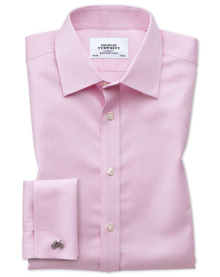 Charles Tyrwhitt Extra Slim Fit Non-iron Puppytooth Light Pink Cotton Dress Shirt French Cuff Size 14.5/32 By Charles Tyrwhitt