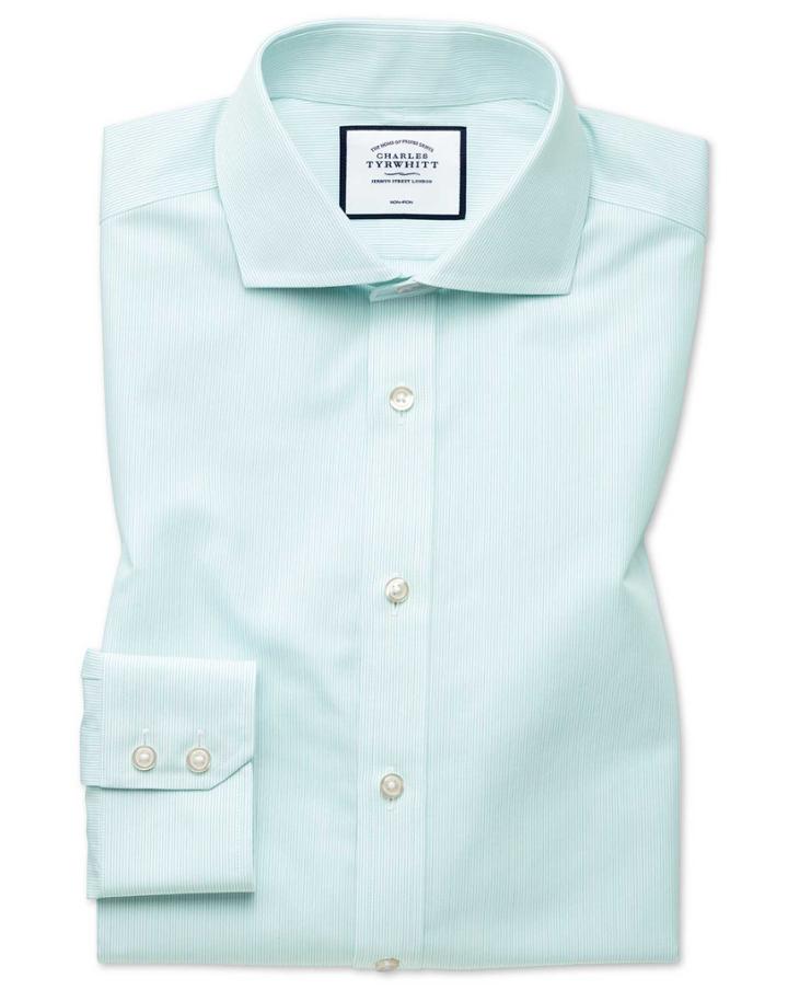  Classic Fit Non-iron Tyrwhitt Cool Poplin Aqua Cotton Dress Shirt Single Cuff Size 15.5/33 By Charles Tyrwhitt