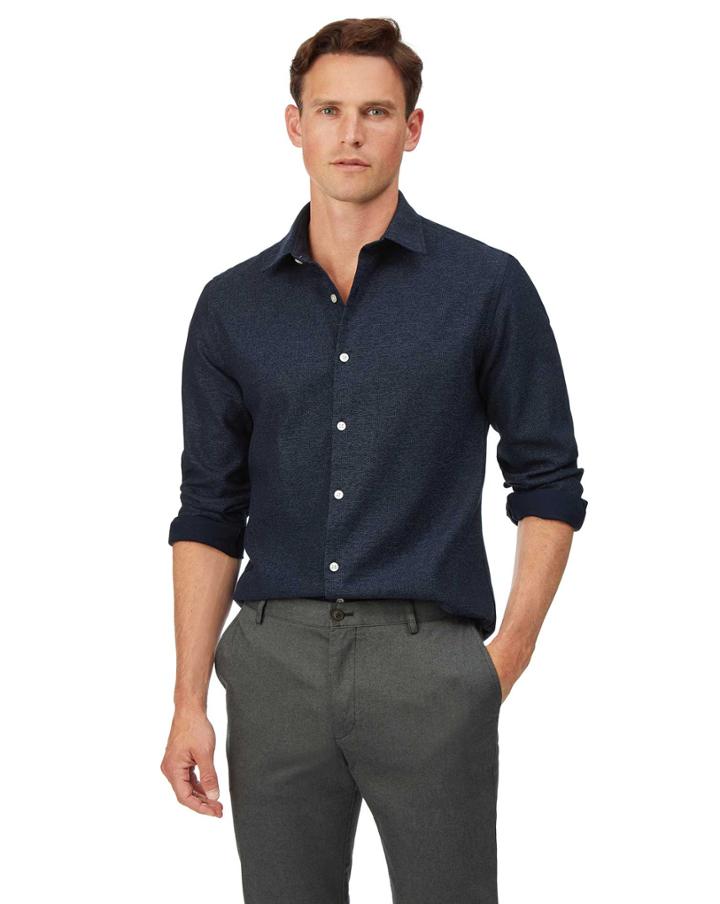  Extra Slim Fit Navy Honeycomb Soft Washed Textured Cotton Casual Shirt Single Cuff Size Medium By Charles Tyrwhitt