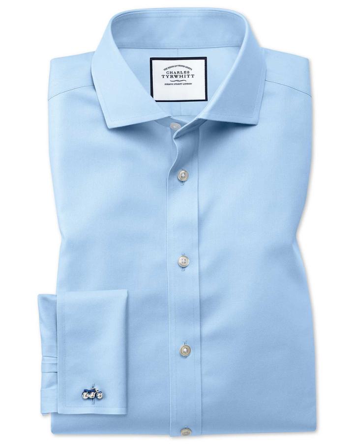 Charles Tyrwhitt Slim Fit Spread Collar Non-iron Twill Sky Blue Cotton Dress Shirt French Cuff Size 14.5/33 By Charles Tyrwhitt