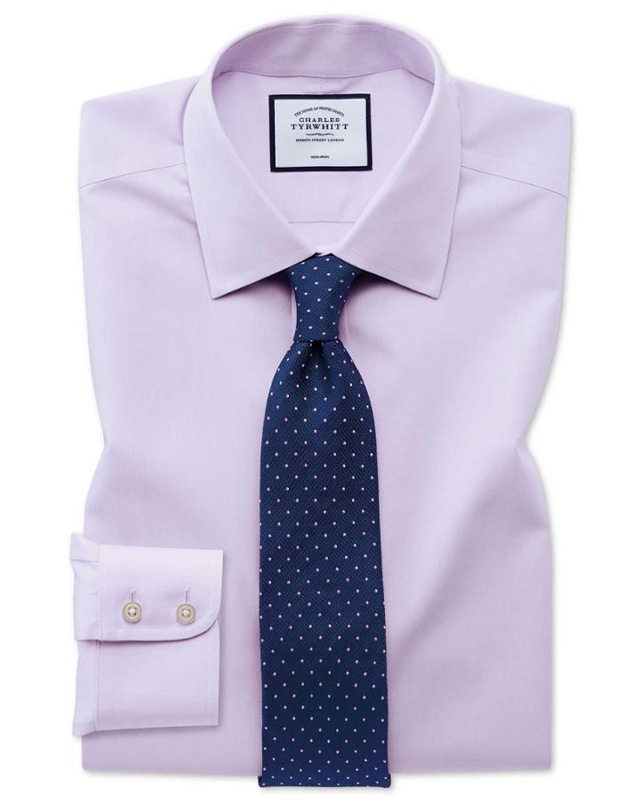  Classic Fit Non-iron Poplin Lilac Cotton Dress Shirt Single Cuff Size 15/33 By Charles Tyrwhitt